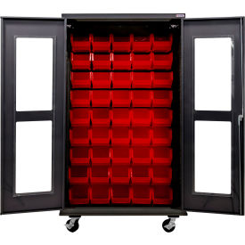 Clear-View Configurable Mobile Charging Cabinet, BLK, 48"Wx24"Dx85"H, 48 Red Bins