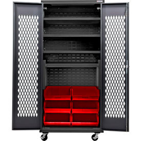 Configurable Ventilated Mobile Charging Cabinet, BLK, 36"Wx24"Dx85"H, 6 Red Bins