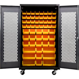 Ventilated Mobile Charging Cabinet, BLK, 48"W x 24"D x 85"H, 66 YLW Bins