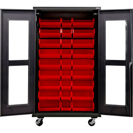 Clear-View Configurable Mobile Charging Cabinet, BLK, 48"Wx24"Dx85"H, 30 Red Bins