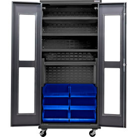 Clear-View Configurable Mobile Charging Cabinet, BLK, 36"Wx24"Dx85"H, 6 Blue Bins