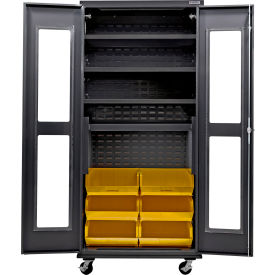 Clear-View Configurable Mobile Charging Cabinet, BLK, 36"Wx24"Dx85"H, 6 YLW Bins