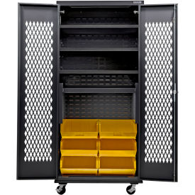 Configurable Ventilated Mobile Charging Cabinet, BLK, 36"Wx24"Dx85"H, 6 YLW Bins