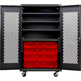 Configurable Ventilated Mobile Charging Cabinet, BLK, 48"Wx24"Dx85"H, 24 Red Bins