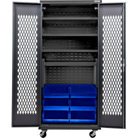 Configurable Ventilated Mobile Charging Cabinet, BLK, 36"Wx24"Dx85"H, 6 Blue Bins
