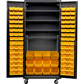 E-Lock Config. Mobile Charging Cabinet, Black, 36x24x85, 4 Shelves, 108 Yellow Bins