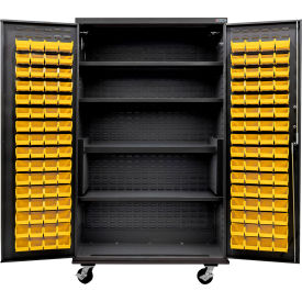 E-Lock Config. Mobile Charging Cabinet, BLK, 48x24x85, 4 Shelves, 120 YLW Bins