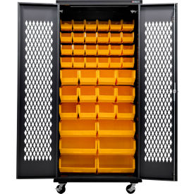 Ventilated Mobile Charging Cabinet, BLK, 36"W x 24"D x 85"H, 66 YLW Bins