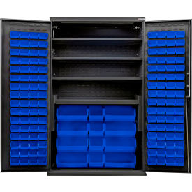 Configurable Charging Cabinet, Black, 48"W x 24"D x 78"H, 4 Shelves, 144 Blue Bins