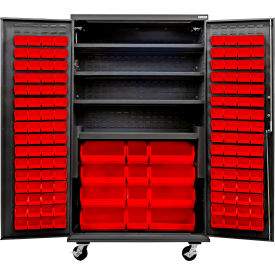 E-Locking Configurable Mobile Charging Cabinet, BLK, 48"Wx24"Dx85"H, 144 Red Bins