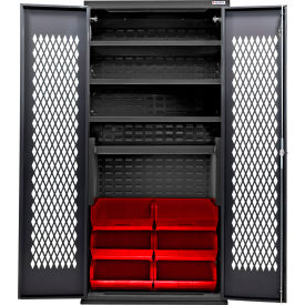 Configurable Ventilated Charging Cabinet, BLK, 36"x24"x78", 4 Shelves, 6 Red Bins