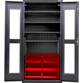 Clear-View Configurable Charging Cabinet, BLK, 36"x24"x78", 4 Shelves, 6 Red Bins