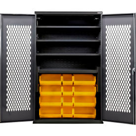 Ventilated Charging Cabinet, BLK, 48"x24"x78", 4 Shelves, 24 YLW Bins