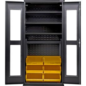 Clear-View Configurable Charging Cabinet, BLK, 36"x24"x78", 4 Shelves, 6 YLW Bins