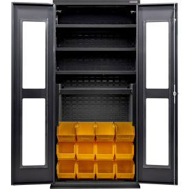 Clear-View Config. Charging Cabinet, BLK, 36"Wx24"Dx78"H, 4 Shelves, 12 YLW Bins