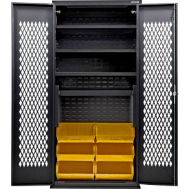 Configurable Ventilated Charging Cabinet, BLK, 36"x24"x78", 4 Shelves, 6 YLW Bins