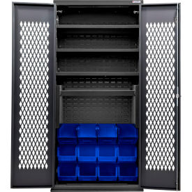 Configurable Ventilated Charging Cabinet, BLK, 36x24x78, 4 Shelves, 12 Blue Bins