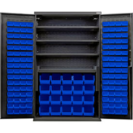 E-Locking Configurable Charging Cabinet, BLK, 48x24x78, 4 Shelves, 144 Blue Bins