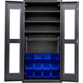 Clear-View Configurable Charging Cabinet, BLK, 36x24x78, 4 Shelves, 12 Blue Bins
