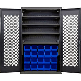 Configurable Ventilated Charging Cabinet, BLK, 48x24x78, 4 Shelves, 24 Blue Bins