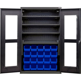 Clear-View Configurable Charging Cabinet, BLK, 48x24x78, 4 Shelves, 24 Blue Bins