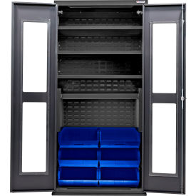 Clear-View Configurable Charging Cabinet, BLK, 36"x24"x78", 4 Shelves, 6 BL Bins