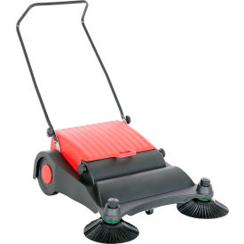 Large Belt Driven Double Brush Manual Sweeper, 9 Gallon Capacity, Red/Black