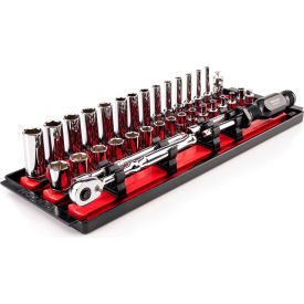 1/4" Drive Shallow & Deep 6 Point Socket & Ratchet Set with Rails & Tray, 35 Piece