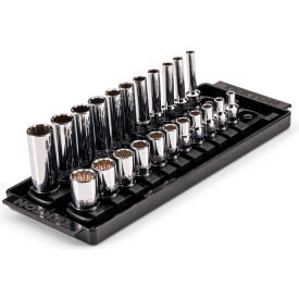 1/4" Drive Shallow & Deep 12 Point Socket Set with Rails & Tray, 22 Piece