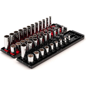 3/8'' Drive Shallow & Deep 12-Point Socket Set with Rails & Tray, 42 Pieces