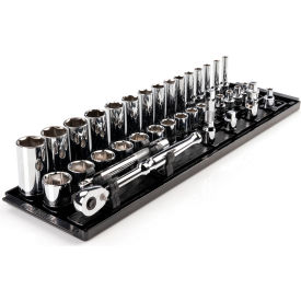 3/8" Drive Shallow & Deep 6 Point Socket & Ratchet Set with Rails & Tray, 36 Piece