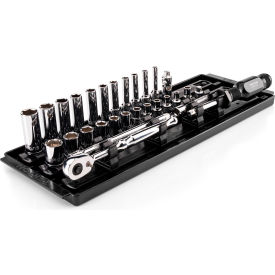 1/4" Drive Shallow & Deep 6 Point Socket & Ratchet Set with Rails & Tray, 29 Piece