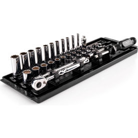 1/4" Drive Shallow & Deep 12 Point Socket & Ratchet Set with Rails & Tray, 29 Piece