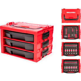 3/8" Drive Shallow & Deep 12 Point Socket Ratchet Set, Modular Stacking Tool Box, 83 Piece