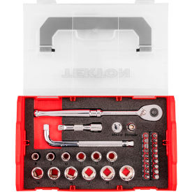 3/8" Drive 6 Point Socket, Bit, & Ratchet Set with Mini Stacking Tool Box 35 Piece