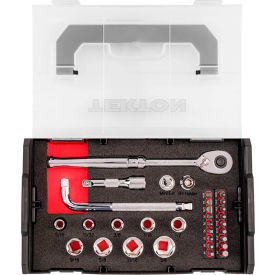 3/8" Drive 6 Point Socket, Bit, & Ratchet Set with Mini Stacking Tool Box 32 Piece