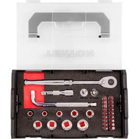 3/8" Drive 12 Point Socket, Bit, & Ratchet Set with Mini Stacking Tool Box 32 Piece