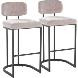 Mid-Back Demi Fixed-Height Barstool, Black Metal, Fabric, Light Gray, 2/Pack