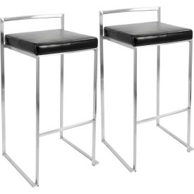 Fuji Contemporary Stackable Barstool, Faux Leather, Black, 2/Pack