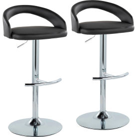 Grotto Upholstered Adjustable Barstool, Chrome Metal, Faux Leather, Black, 2/Pack