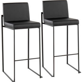 Fuji Contemporary High Back Barstool, Black Steel, Faux Leather, Black, 2/Pack