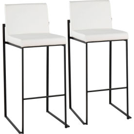 Fuji Contemporary High Back Barstool, Black Steel, Faux Leather, White, 2/Pack