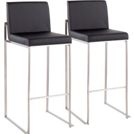 Fuji Contemporary High Back Barstool, Stainless Steel, Faux Leather, Black, 2/Pack