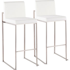 Fuji Contemporary High Back Barstool, Stainless Steel, Faux Leather, White, 2/Pack