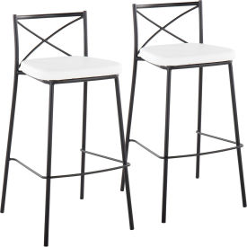 Modern Charlotte Fixed-Height Barstool, Black Metal, Faux Leather, White, 2/Pack