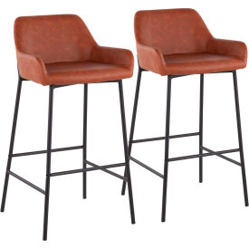 Daniella Industrial Fixed-Height Barstool, Black Metal, Faux Leather, Camel, 2/Pack