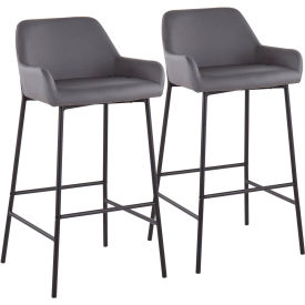 Daniella Industrial Fixed-Height Barstool, Black Metal, Faux Leather, Gray, 2/Pack
