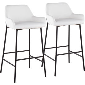 Daniella Industrial Fixed-Height Barstool, Black Metal, Faux Leather, White, 2/Pack