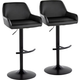 Daniella Adjustable Barstool, Black Metal, Faux Leather, Black, 2/Pack