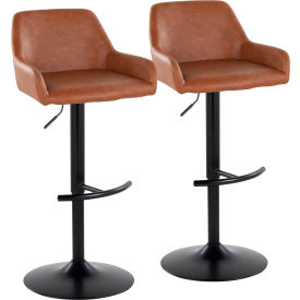 Daniella Adjustable Swivel Barstool, Black Metal, Faux Leather, Camel, 2/Pack